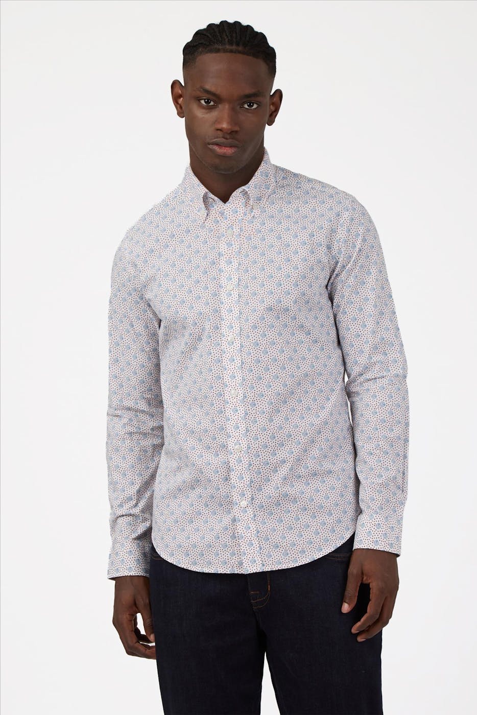 Ben Sherman - Wit-blauw-bruin Print hemd