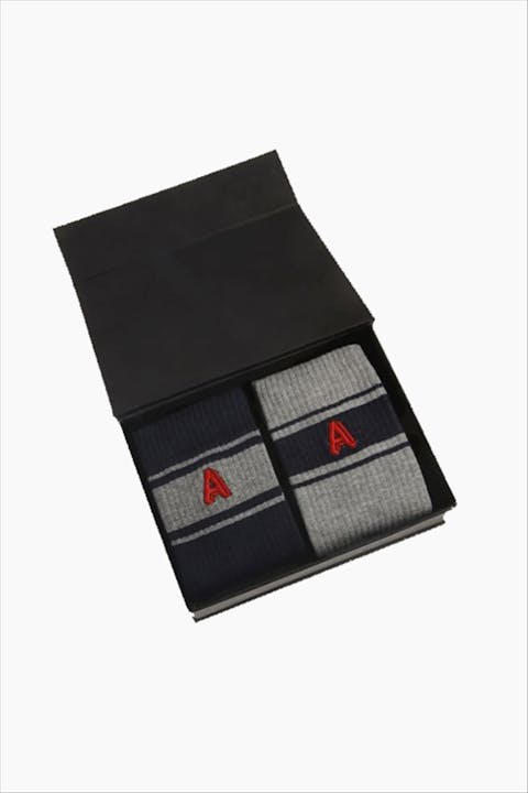 Antwrp - Donkerblauwe-grijze 2-pack Logo sokken giftbox, maat: one size