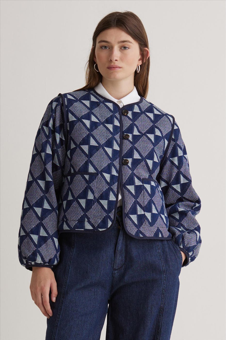 YERSE - Donkerblauw Artwork Jacquard jasje