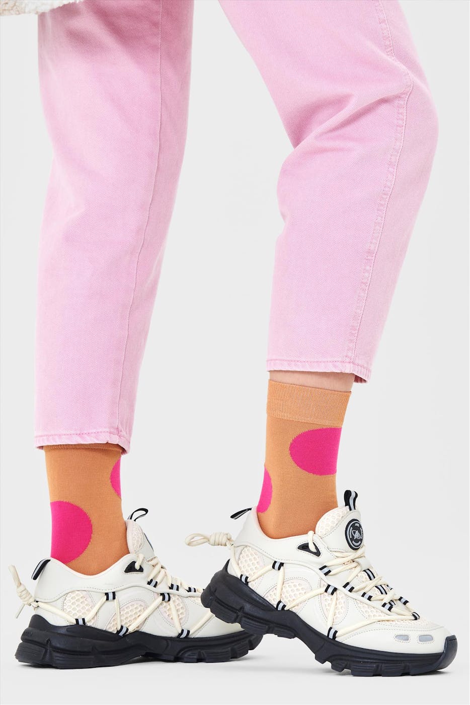 Happy Socks - Beige met roze Jumbo Dot sokken, maat 36-40