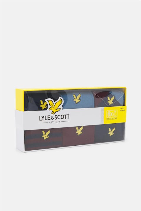 Lyle & Scott - Blauw-Bordeaux Timothy 6-pack sokken