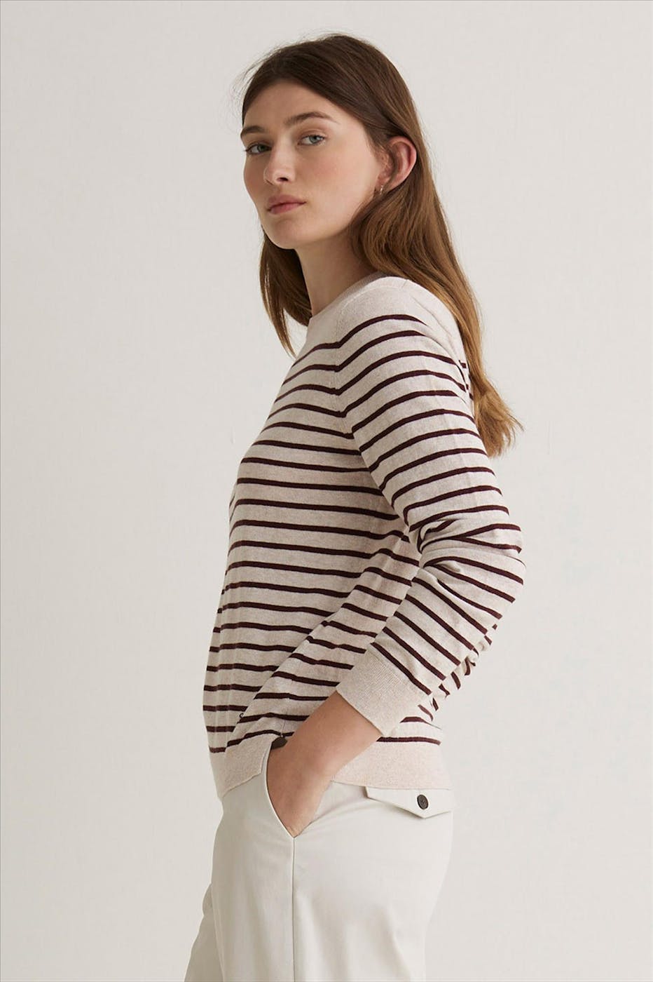 YERSE - Ecru-Burgundy Striped trui