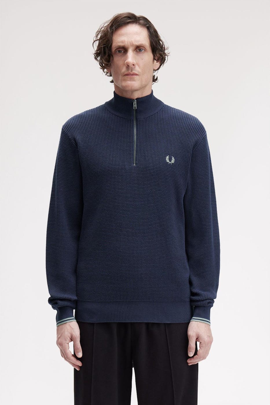 Fred Perry - Donkerblauwe Waffle Stitch Half Zip sweater