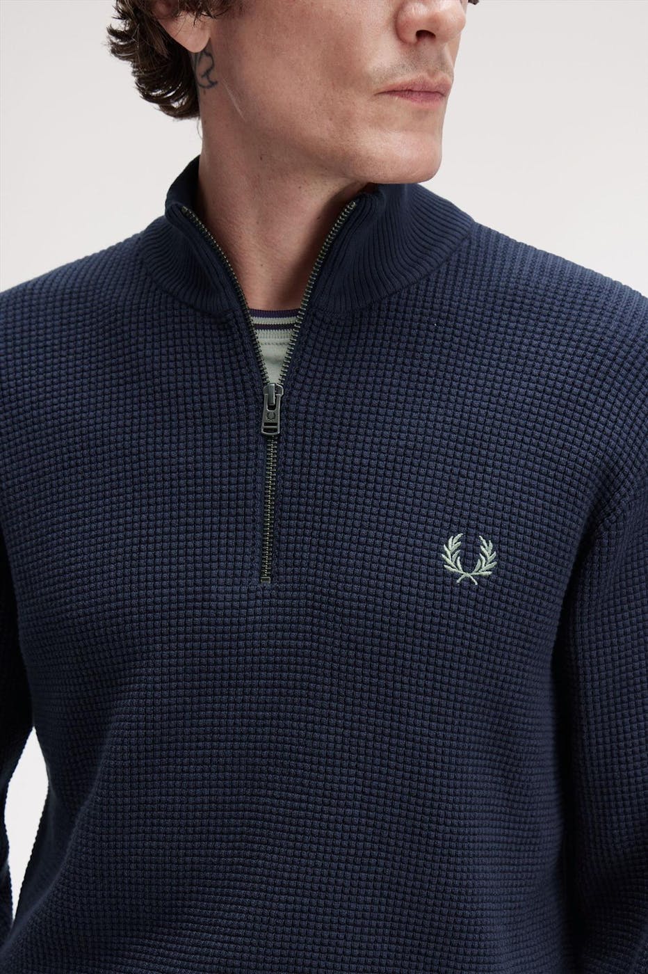 Fred Perry - Donkerblauwe Waffle Stitch Half Zip sweater