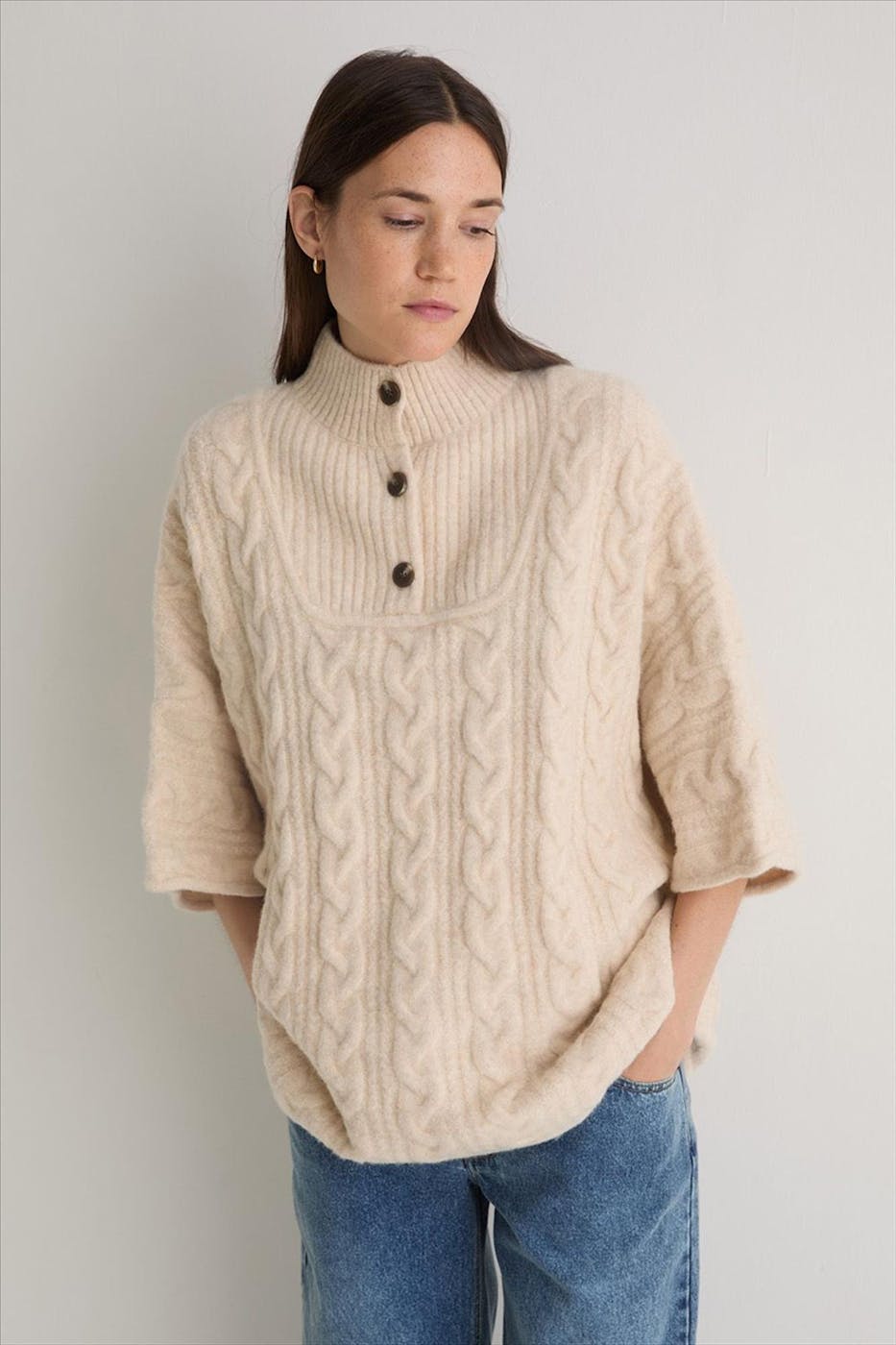 YERSE - Ecru Woven Wool poncho