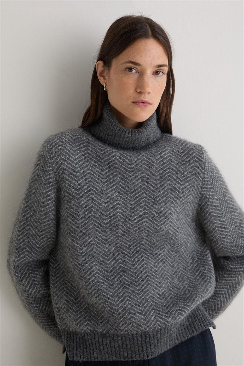 YERSE - Grijze Jacquard Herringbone trui