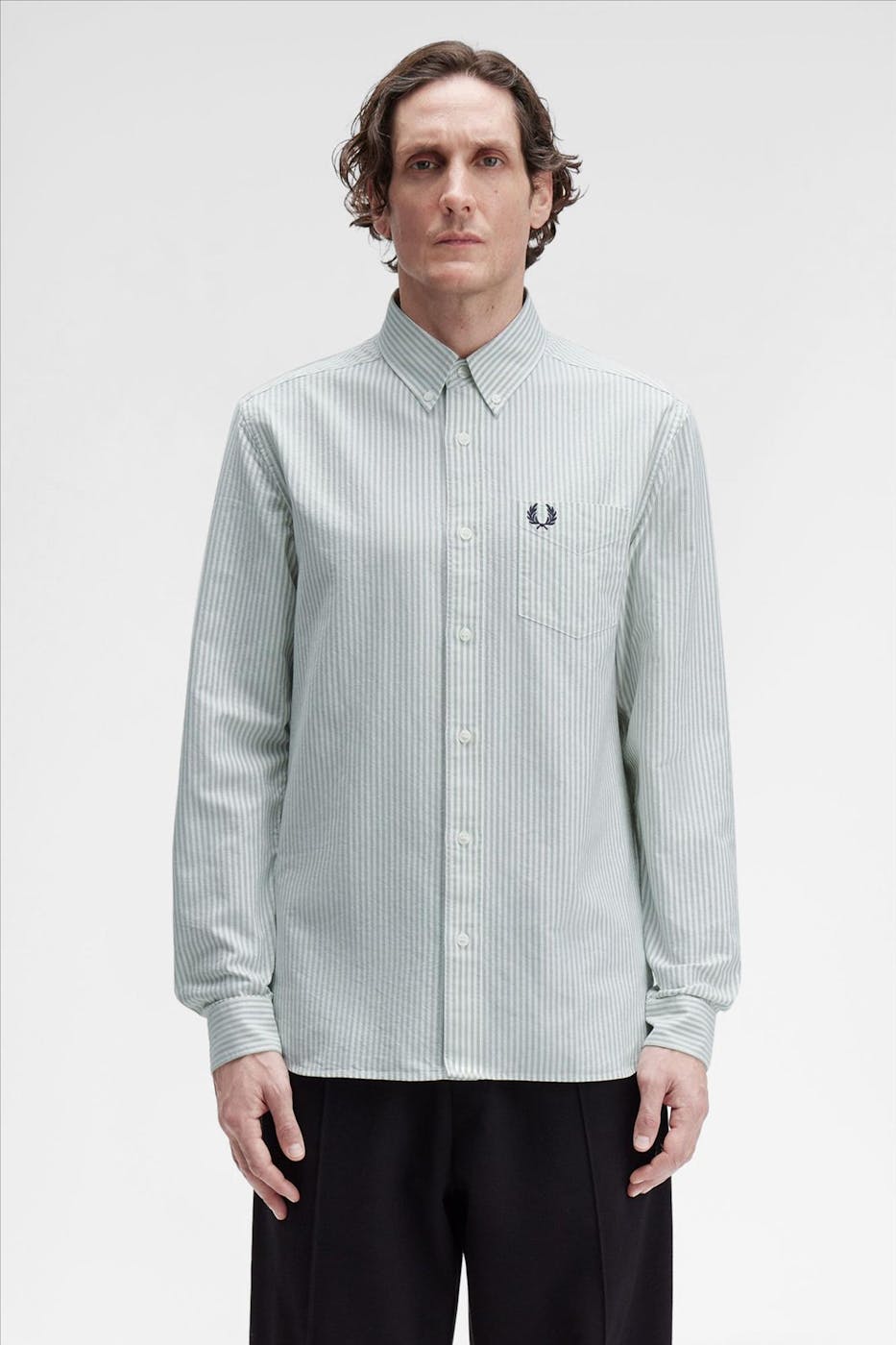 Fred Perry - Ecru-Olijfgroen Oxford Stripe hemd