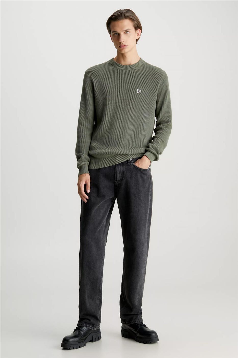 Calvin Klein Jeans - Olijfgroene Ribkatoen trui