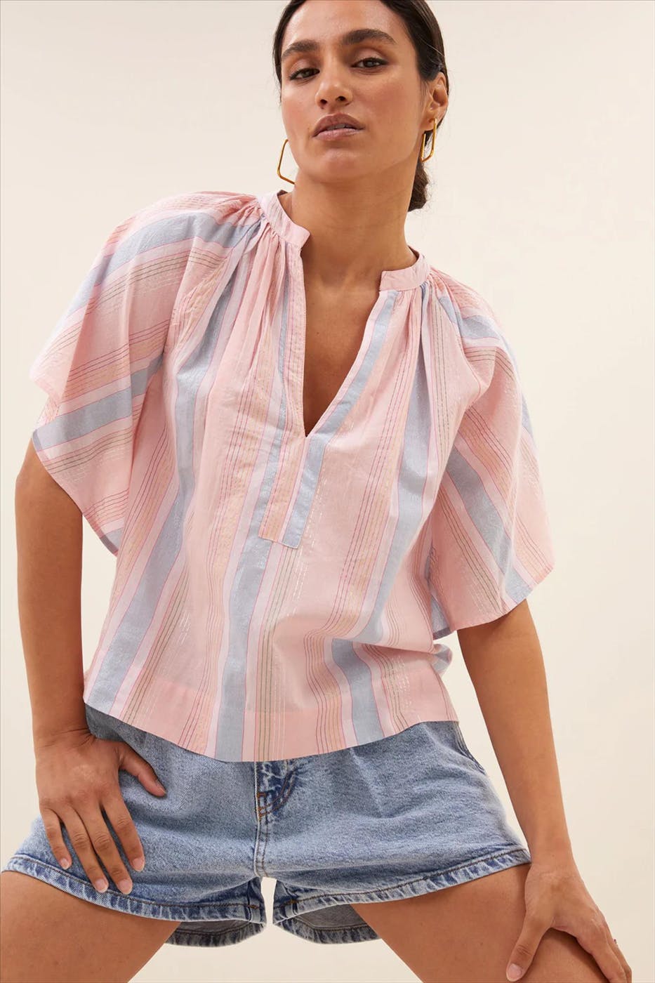 BY BAR - Lichtroze Vina Gloss Stripe blouse