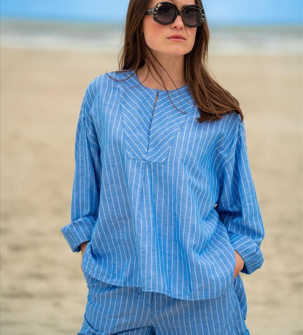 Scotch & Soda - Lichtblauwe Gestreepte Linnen blouse