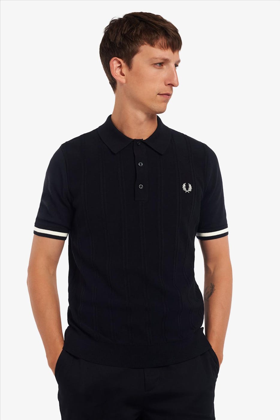 Fred Perry - Zwarte-witte Tipping Texture Knitted Polotrui