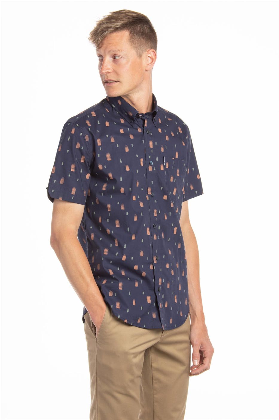 Ben Sherman - Donkerblauw tieprint hemd met korte mouw