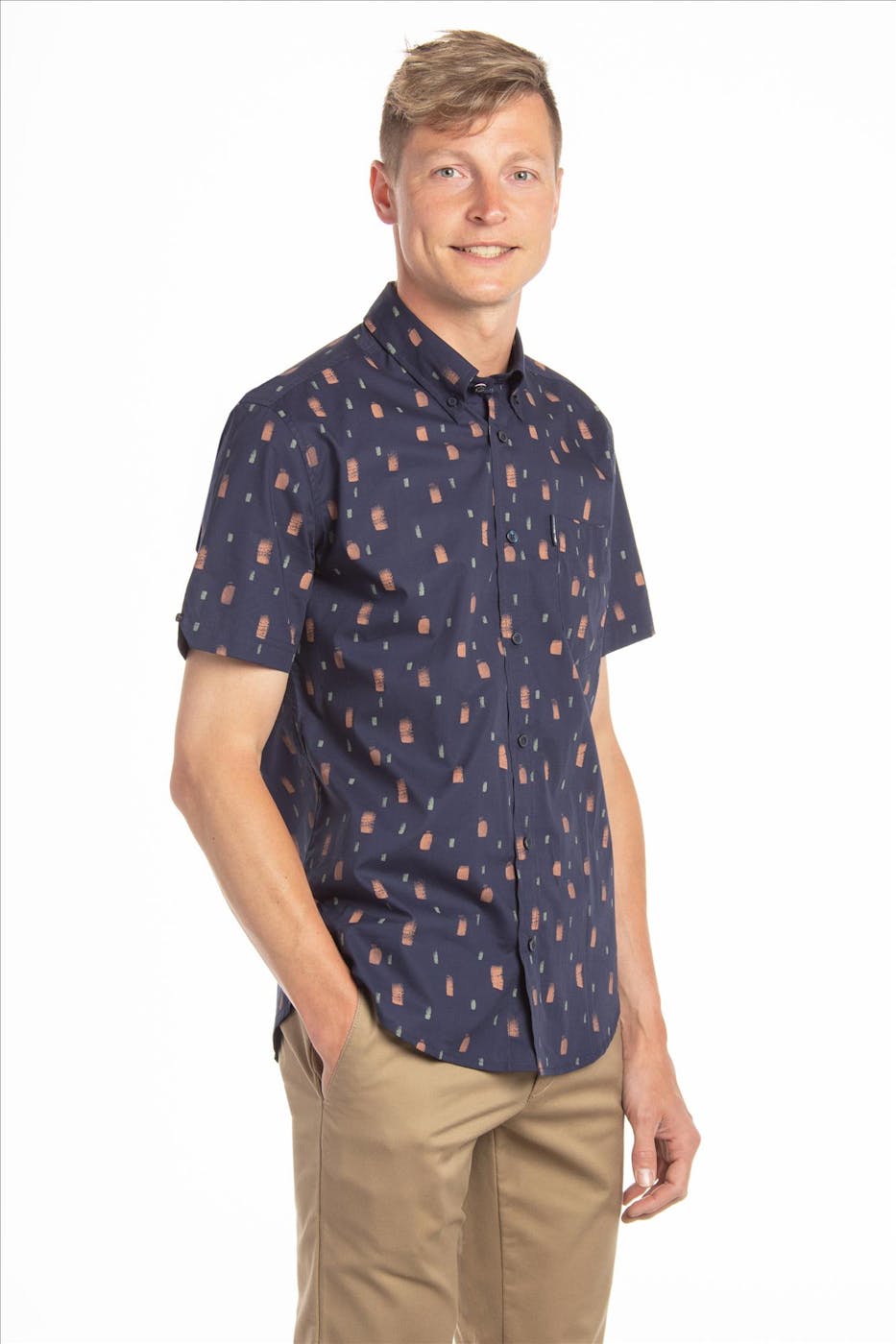 Ben Sherman - Donkerblauw tieprint hemd met korte mouw