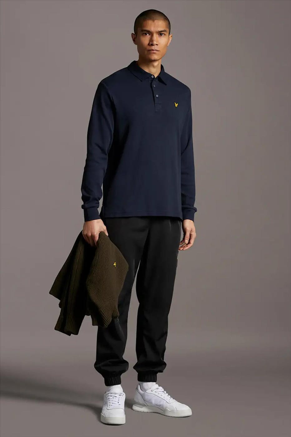 Lyle & Scott - Donkerblauwe Brushed Collar Polo Shirt met lange mouw