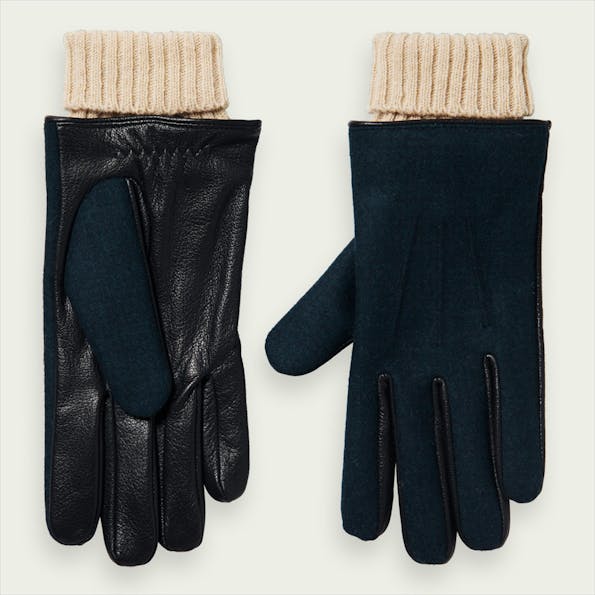 Scotch & Soda - Zwart-groen-blauwe Leer-Wol handschoenen