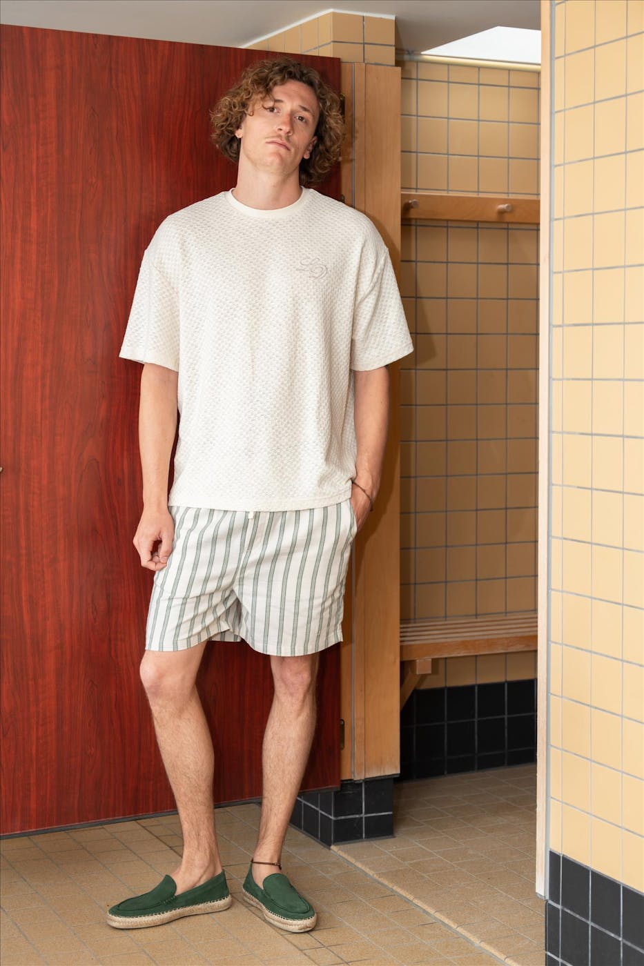 LES DEUX - Ecru Bruce Knitted Check T-shirt