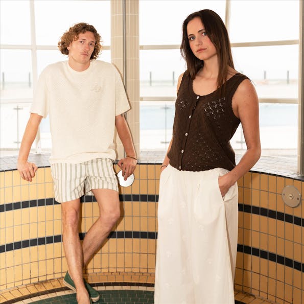 LES DEUX - Ecru Bruce Knitted Check T-shirt