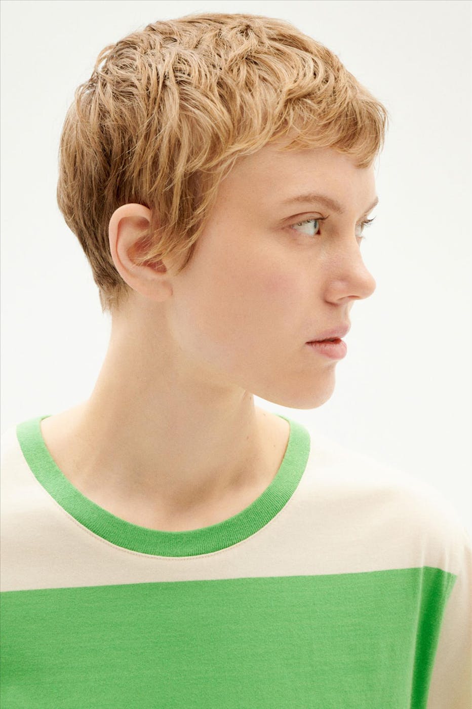 Thinking Mu - Ecru-groen Gestreepte t-shirt