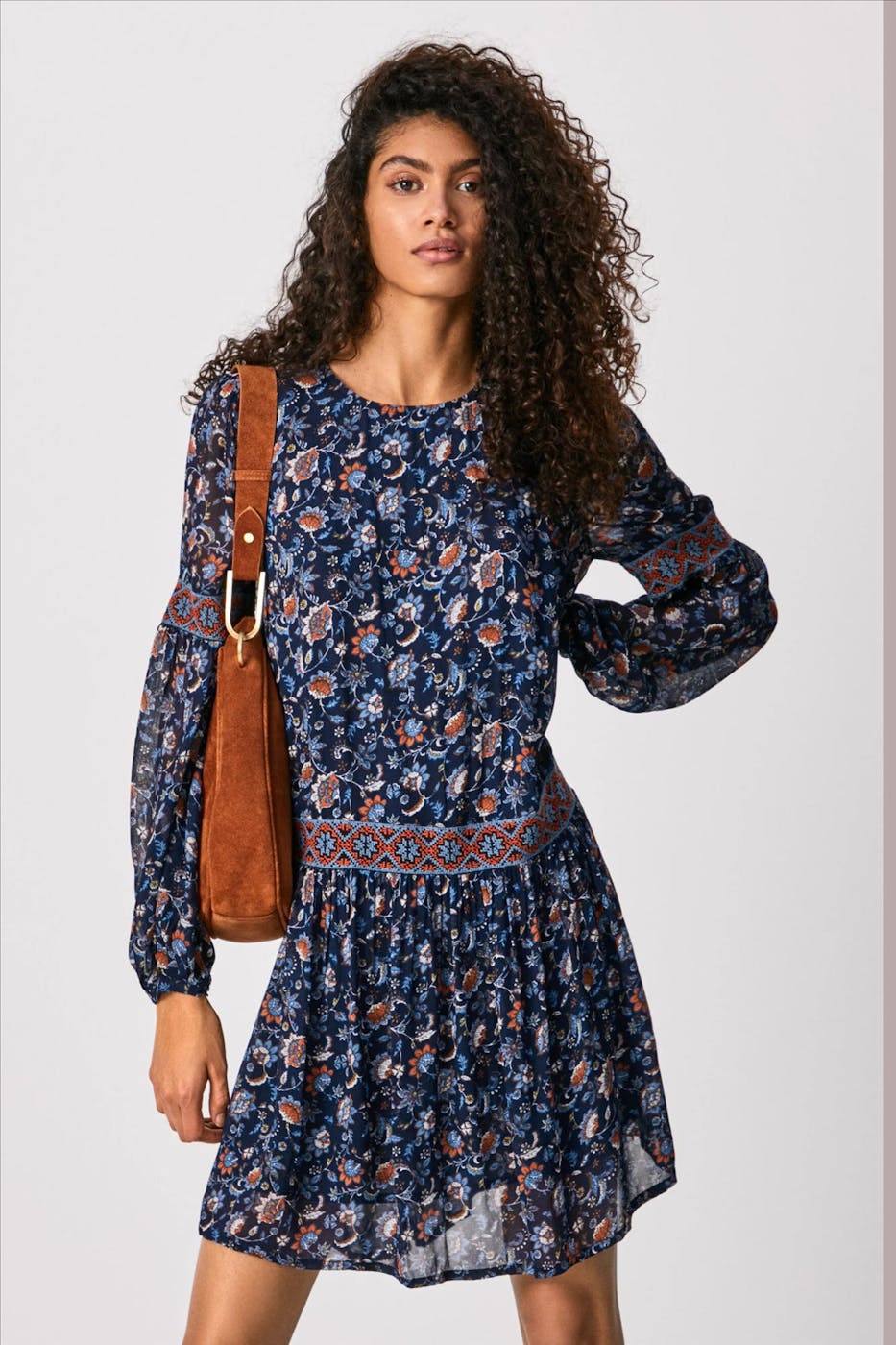 Pepe Jeans London - Donkerblauw-oranje Adela bloemenjurk