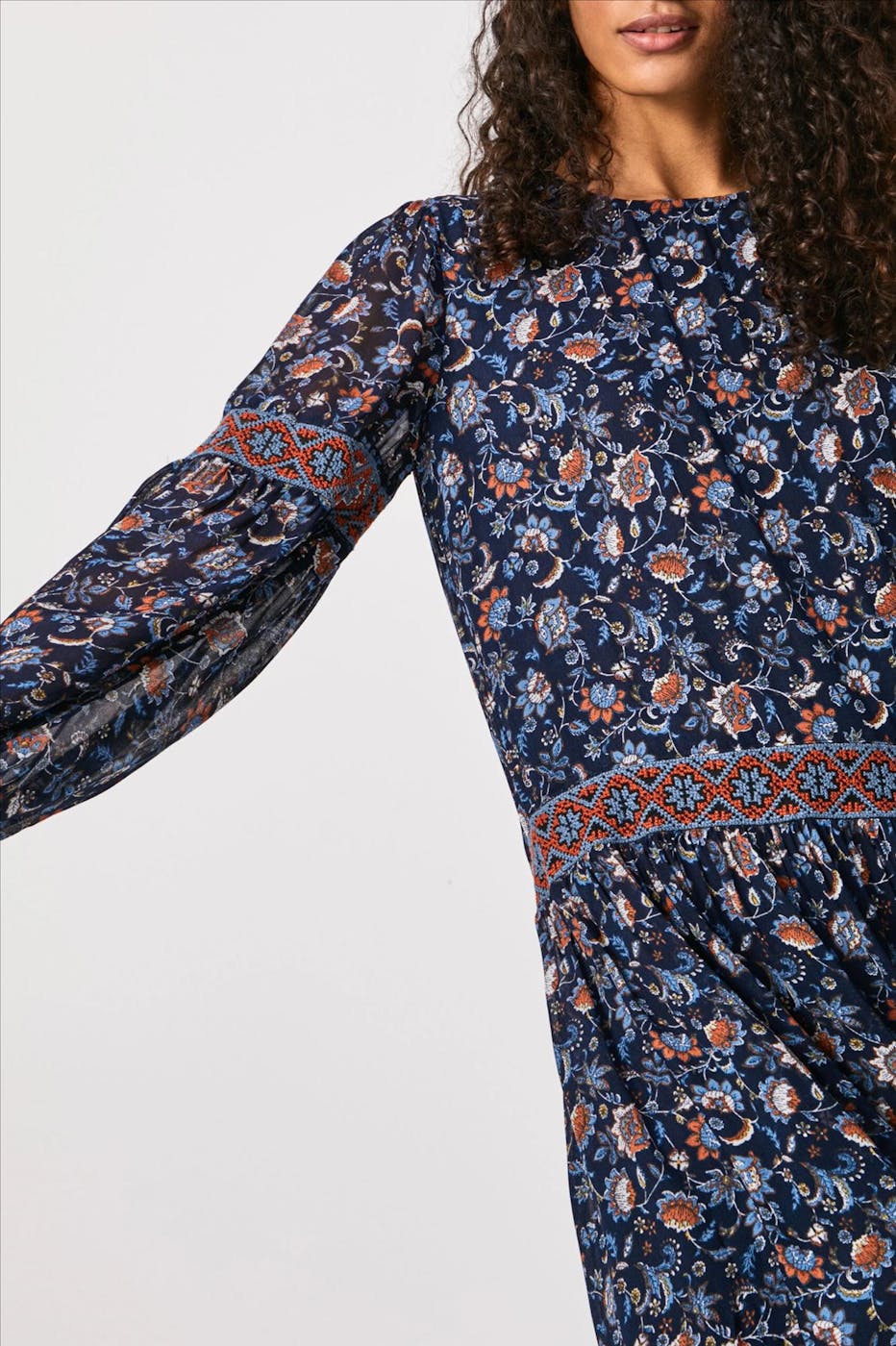 Pepe Jeans London - Donkerblauw-oranje Adela bloemenjurk