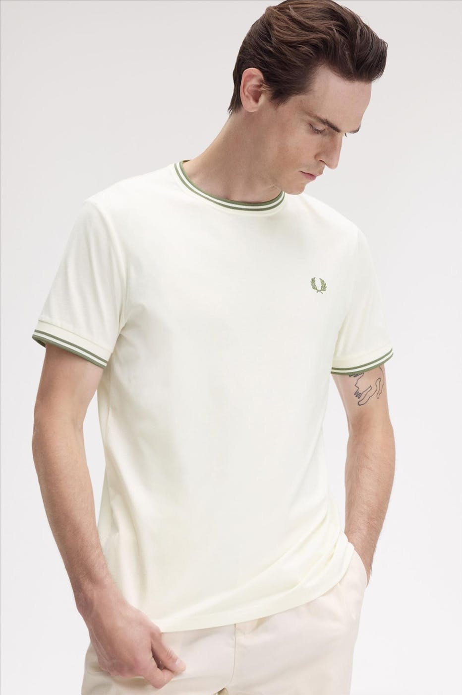 Fred Perry - Ecru-mintgroene Twin Tipped T-shirt