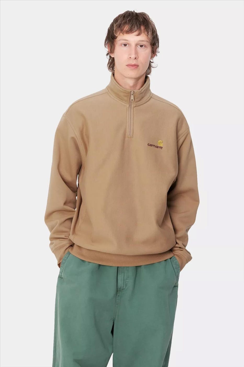 Carhartt WIP - Lichtbruine Half Zip American Script sweater