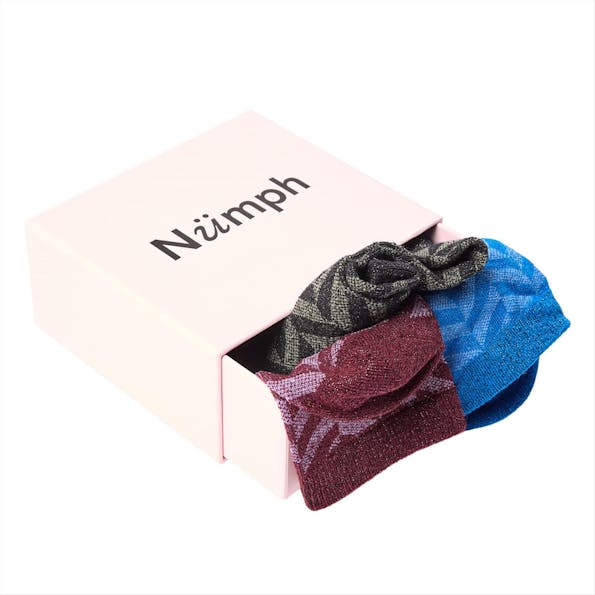 Nümph - Blauw-Bordeaux-Groene Shine Glitter 3-pack sokken