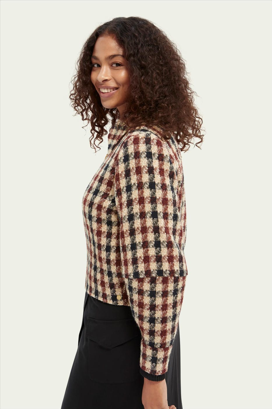 Scotch & Soda - Beige-zwart-bruine cropped tweed jacket