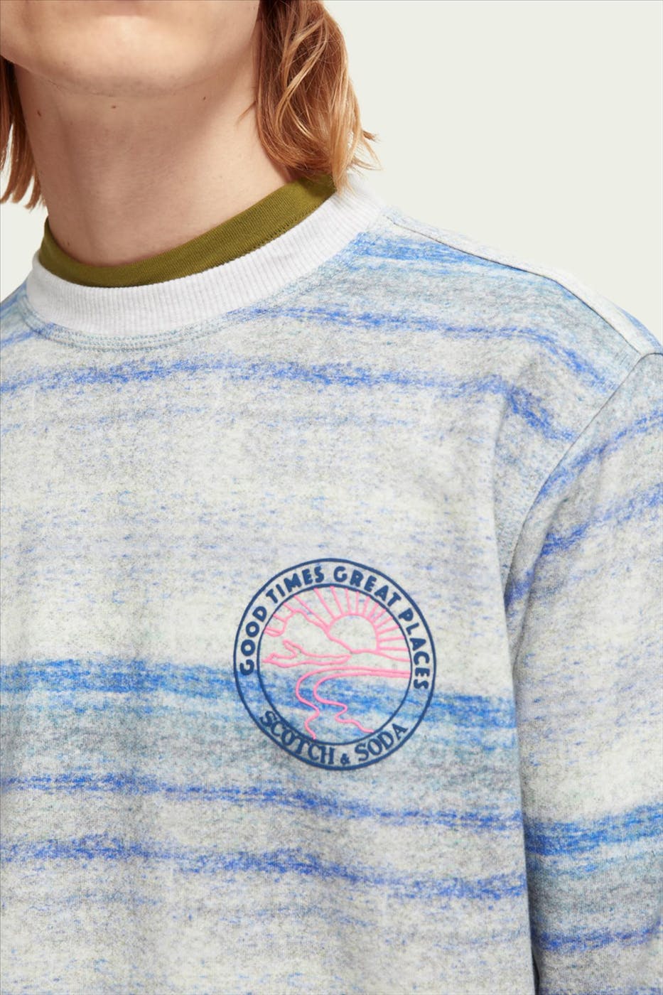 Scotch & Soda - Grijze-blauwe Effect Printed Felpa Crewneck sweater