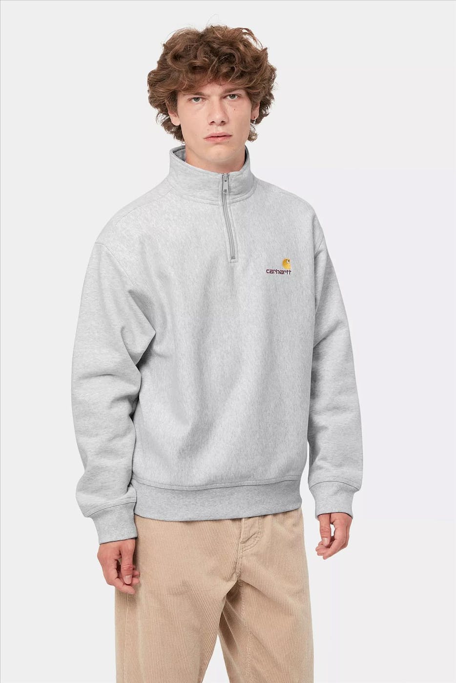 Carhartt WIP - Lichtgrijze Half Zip American Script sweater