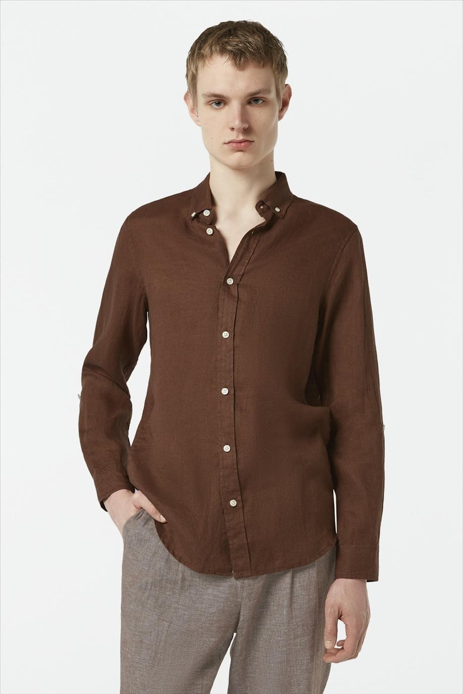 Scotch & Soda - Donkerbruin Regular Linen hemd