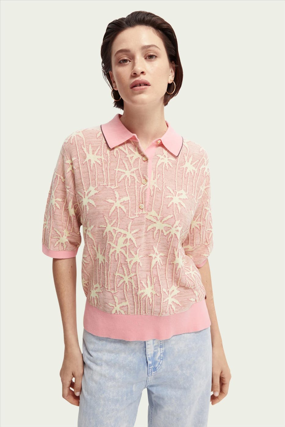 Scotch & Soda - Roze-beige Jacquard Knitted trui met korte mouw