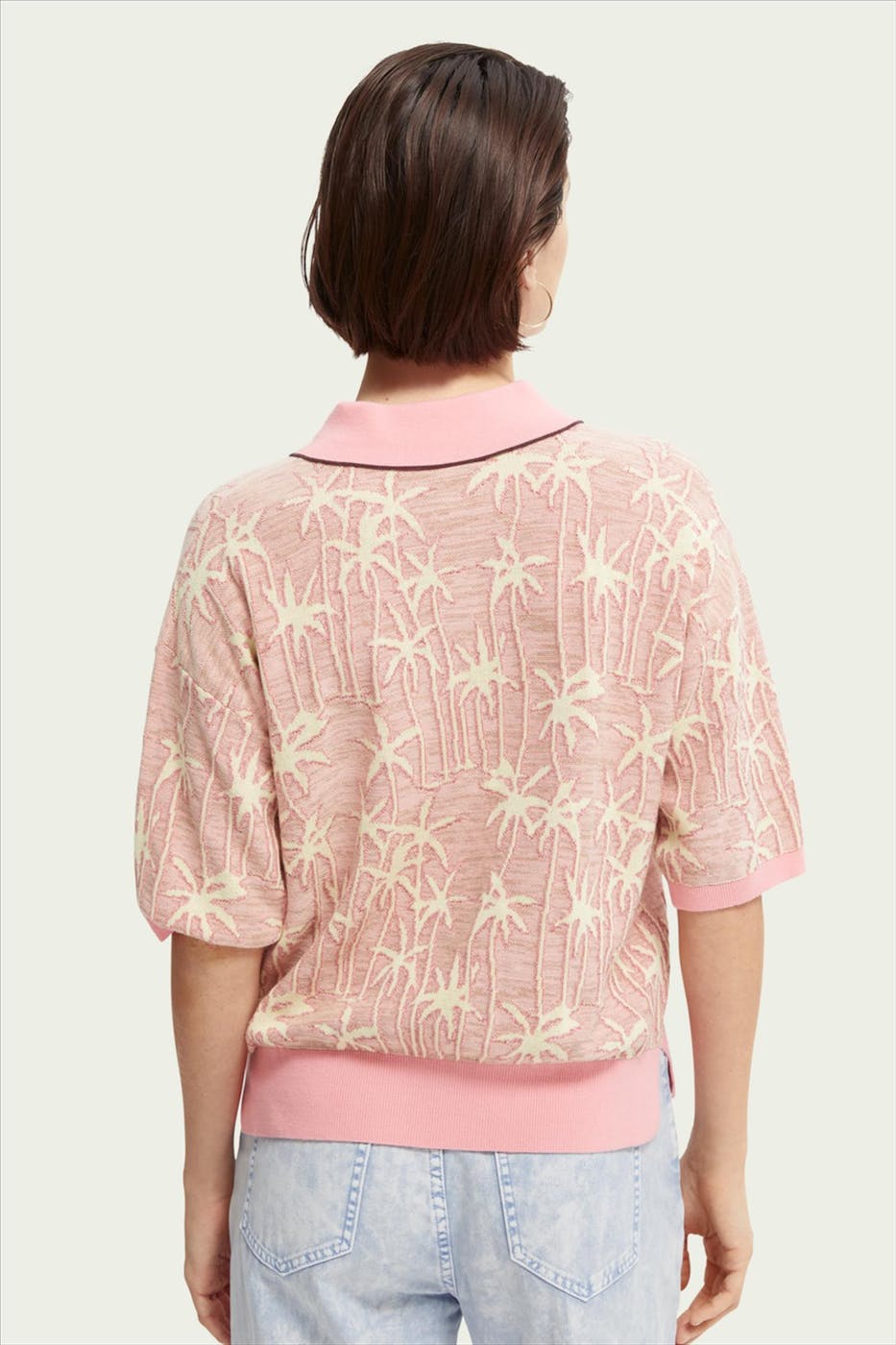 Scotch & Soda - Roze-beige Jacquard Knitted trui met korte mouw