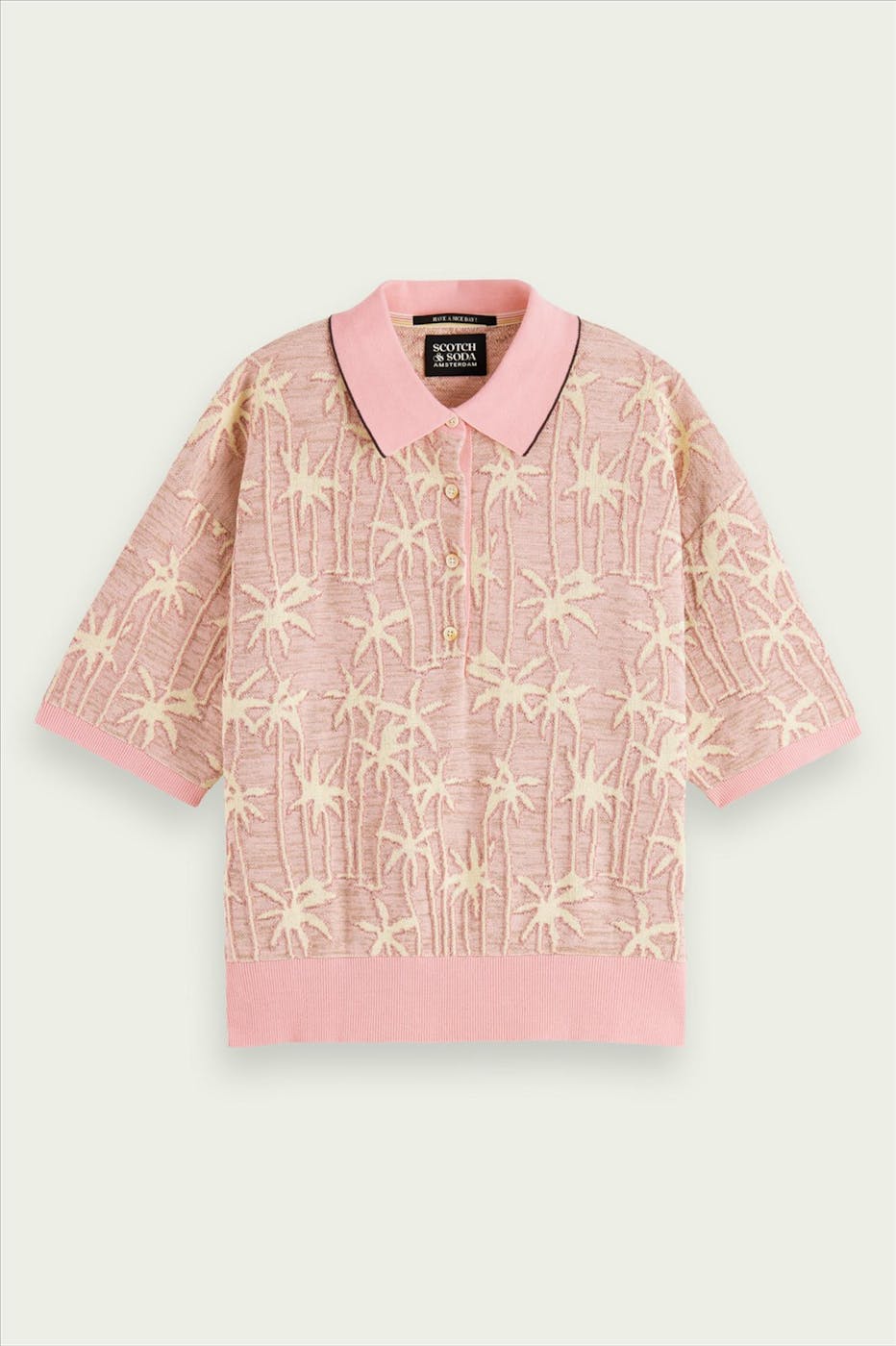 Scotch & Soda - Roze-beige Jacquard Knitted trui met korte mouw