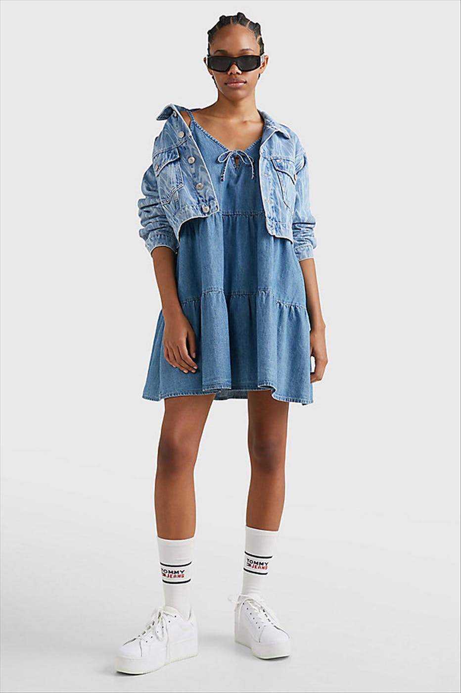 Tommy Jeans - Blauw Tiered Chambray jeanskleed