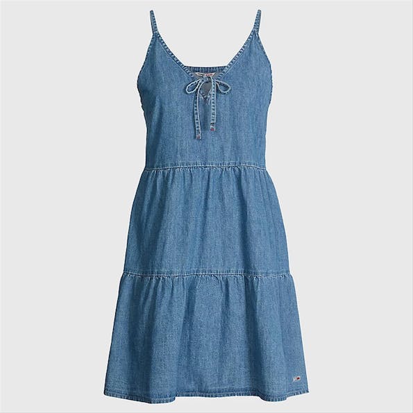 Tommy Jeans - Blauw Tiered Chambray jeanskleed