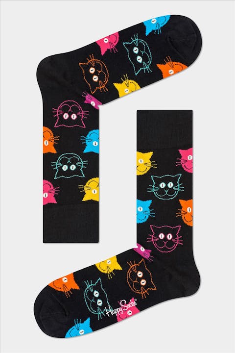 Happy Socks - Zwarte-multicolour Animal Cat sokken, maat: 41-46