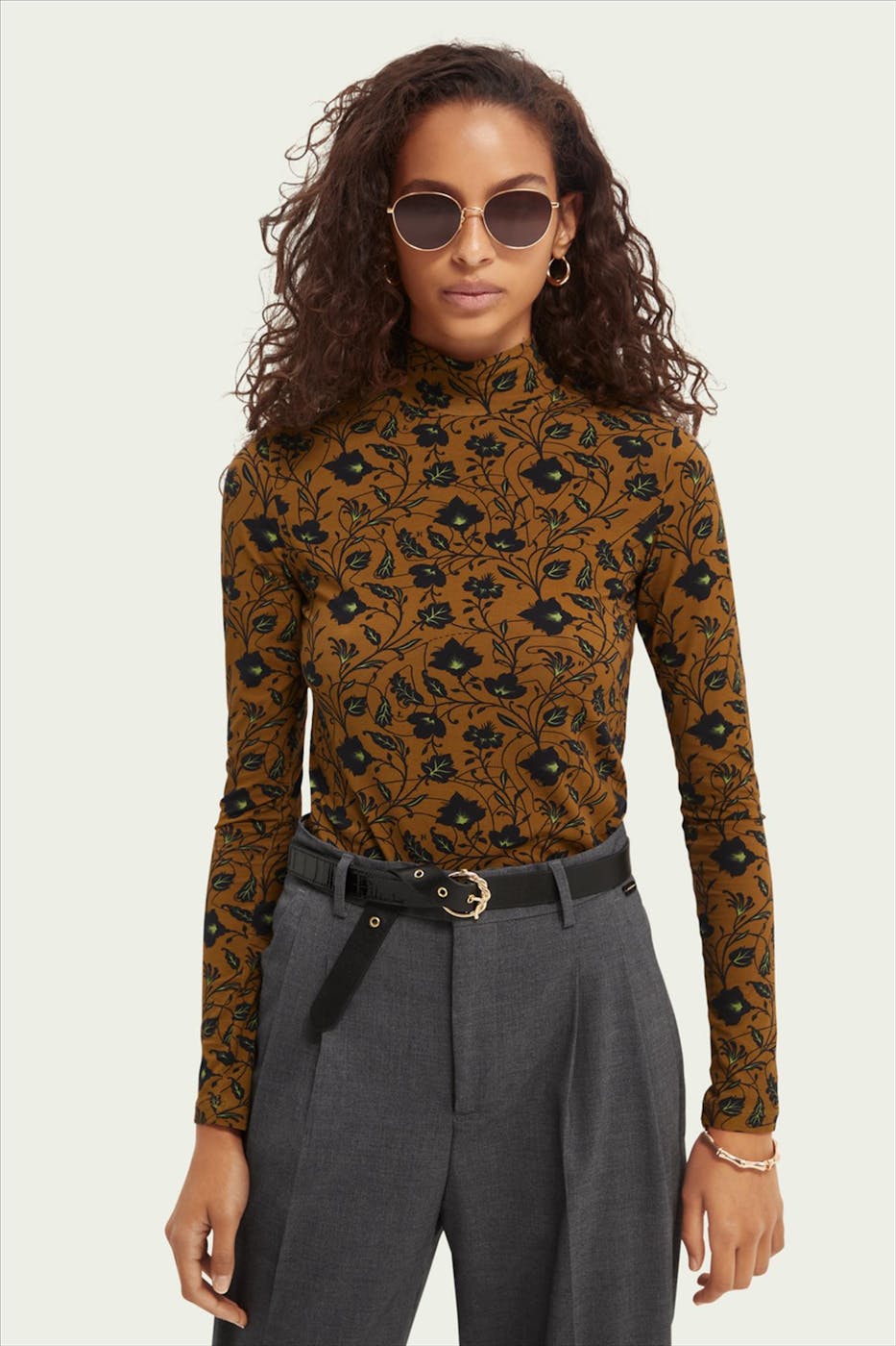 Scotch & Soda - Bruin-zwarte turtleneck T-shirt met lange mouw