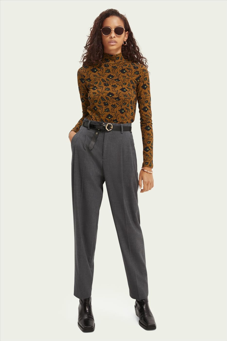 Scotch & Soda - Bruin-zwarte turtleneck T-shirt met lange mouw