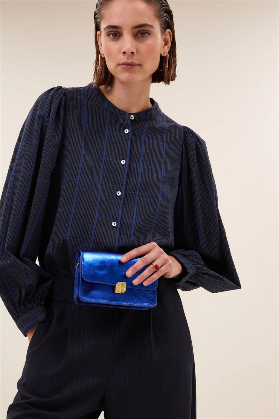 BY BAR - Donkerblauwe Rikki Check blouse
