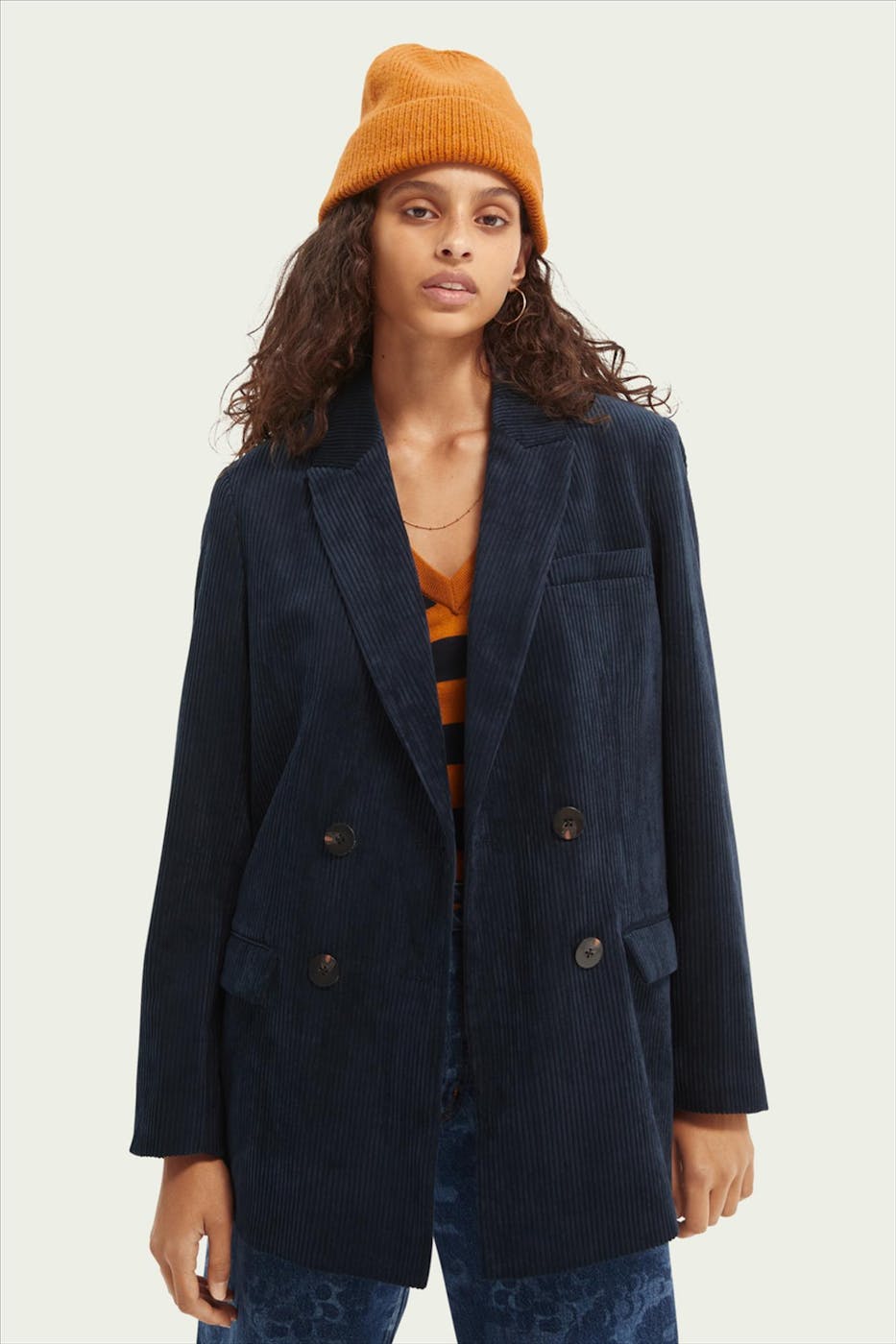 Scotch & Soda - Marineblauwe ribfluwelen Voyage blazer