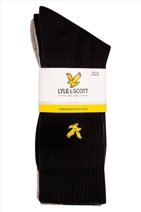 Lyle & Scott - Zwart-grijs-witte 3-pack sokken, maat 40-46