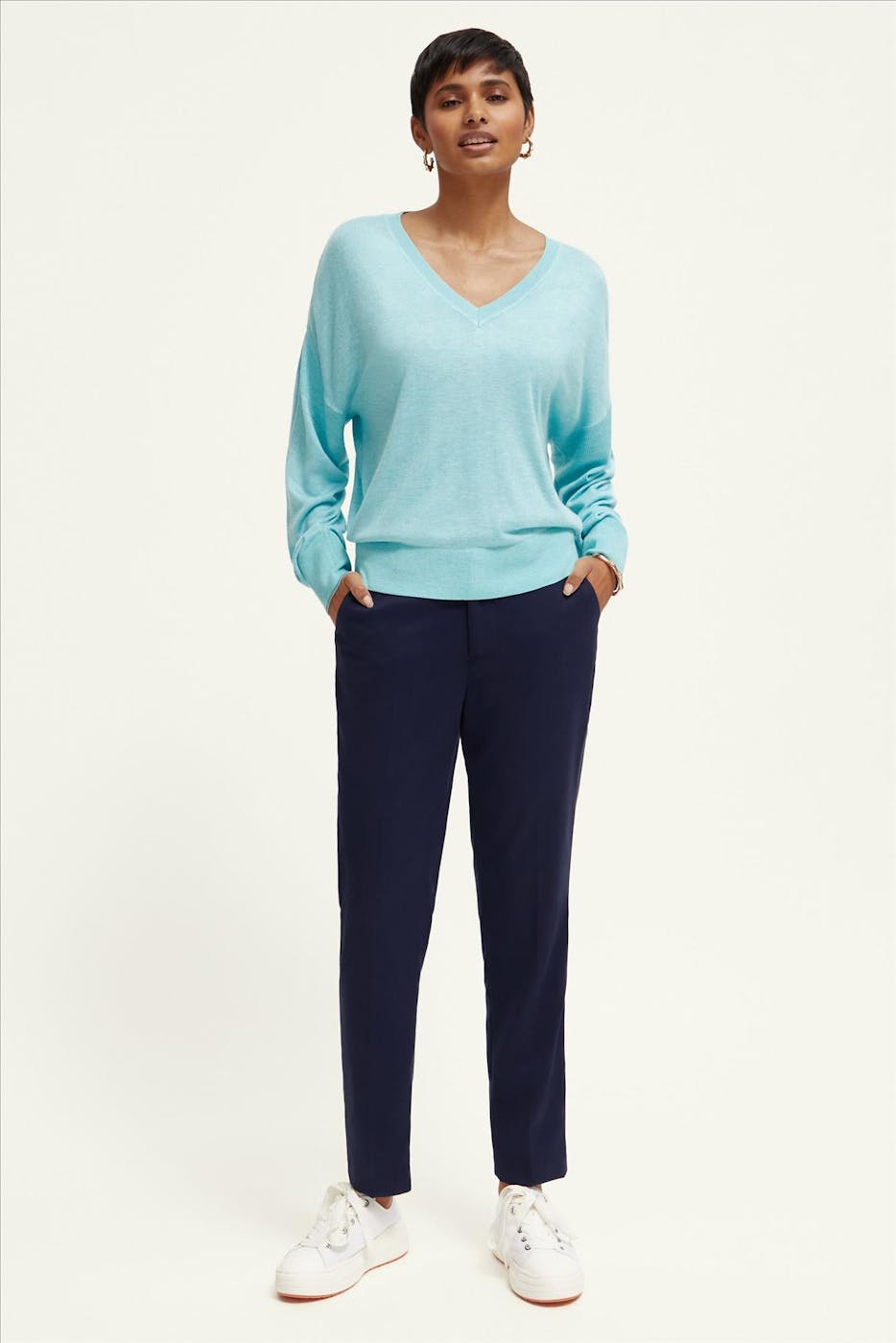 Scotch & Soda - Azuurblauwe Fijne V-hals trui