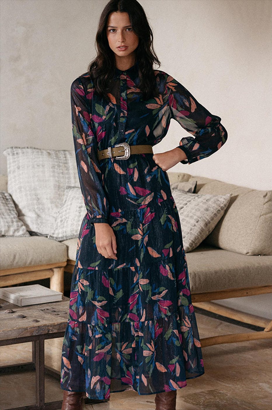 Grace & Mila - Donkerblauwe-multicolour Diva maxijurk