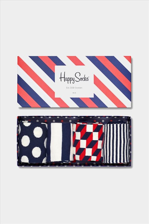 Happy Socks - Ecru-blauw-rode Classic Navy Socks Gift Set 4-Pack, maat: 41-46