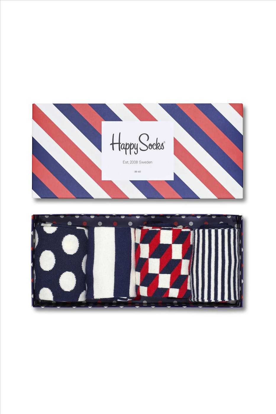 Happy Socks - Ecru-blauw-rode Classic Navy Socks Gift Set 4-Pack, maat: 41-46