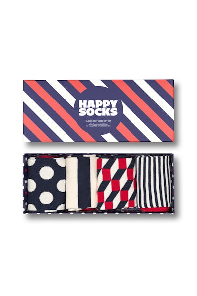 Happy Socks - Ecru-blauw-rode Classic Navy Socks Gift Set 4-Pack, maat: 41-46