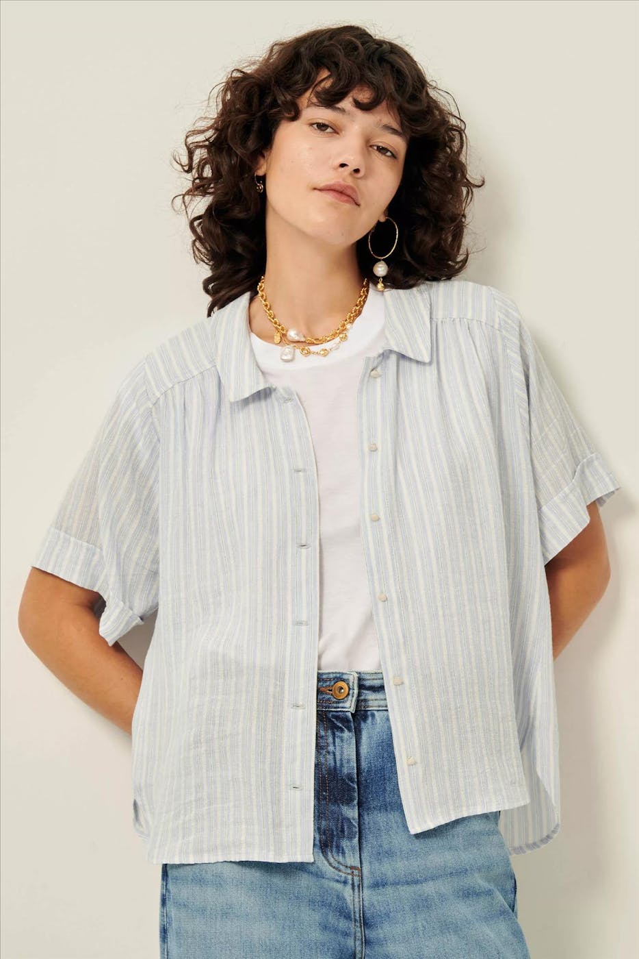 Sessùn - Lichtblauw-Ecru Ambroggio blouse