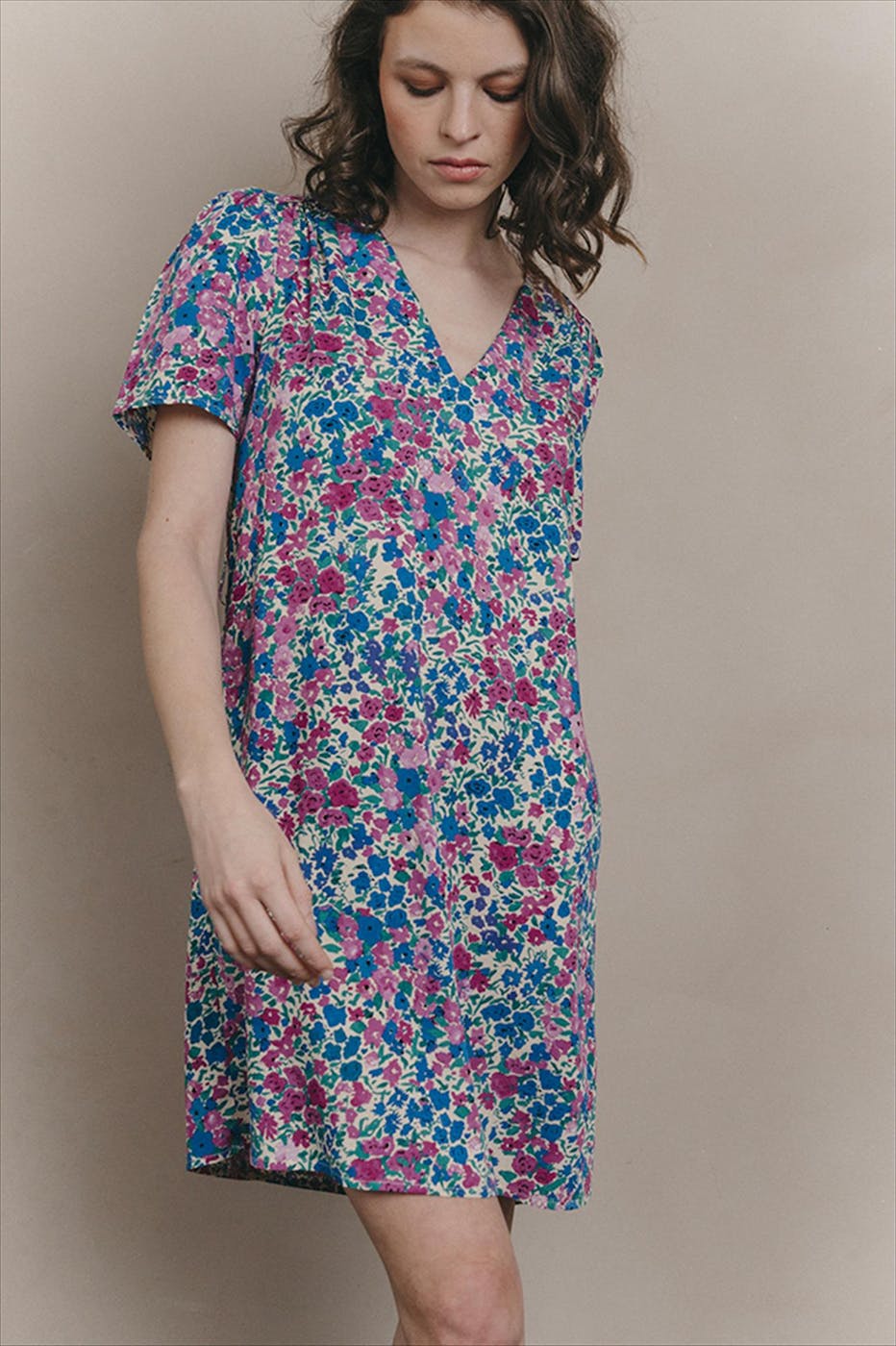 Grace & Mila - Beige-blauw-paars Jara kleed