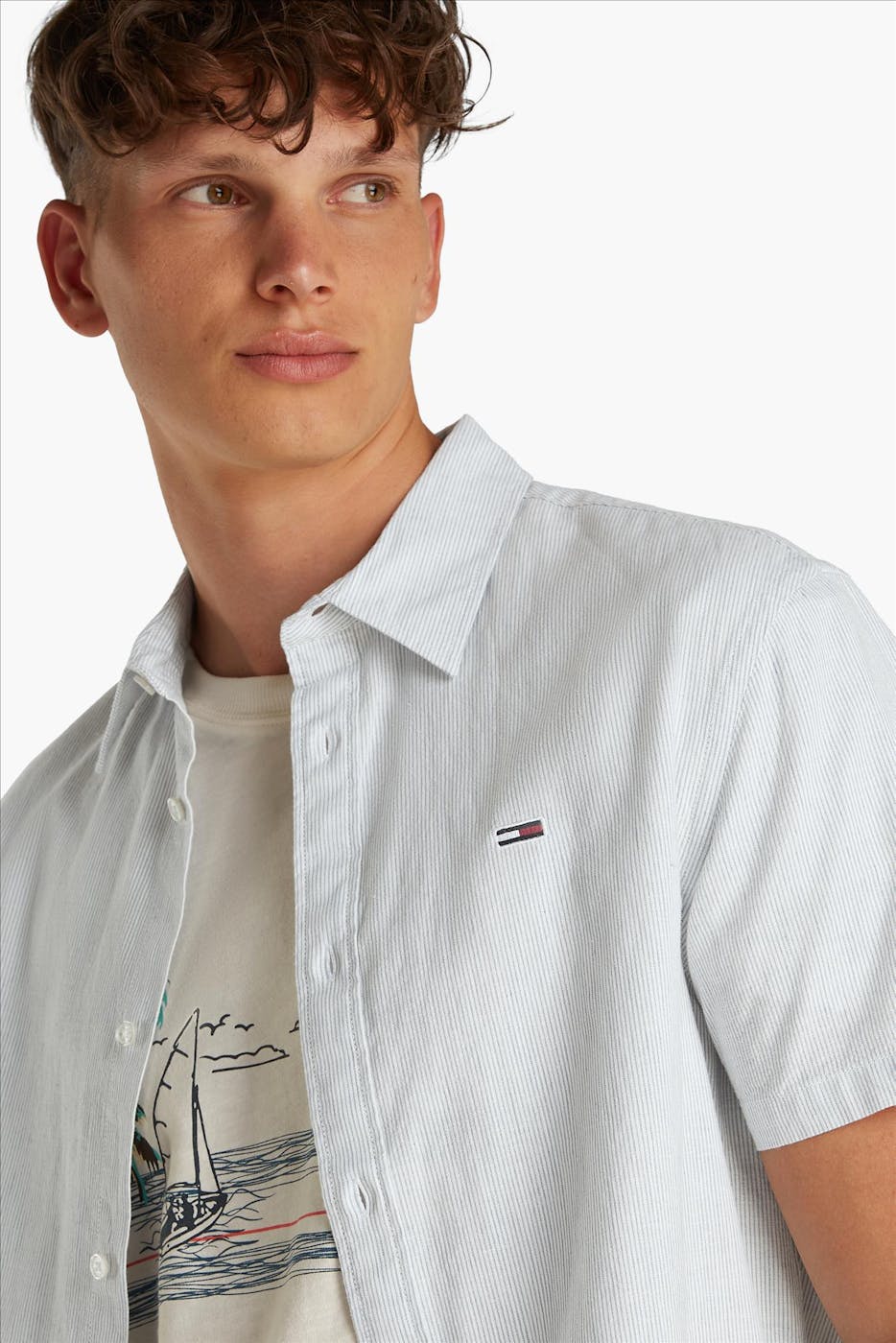Tommy Jeans - Lichtblauw Gestreept Linnen hemd